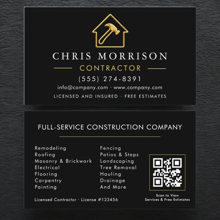Building Construction Black Metallic Gold QR Code Business Card