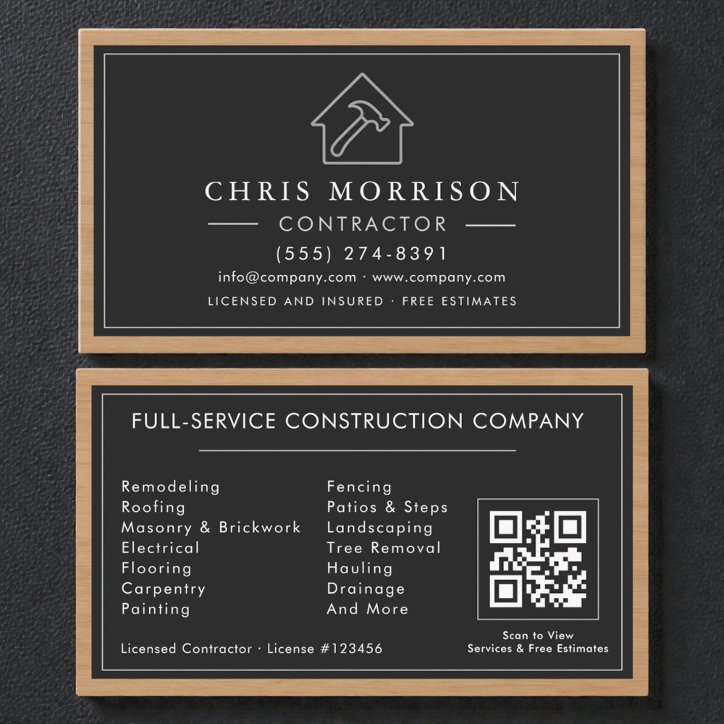 Building Construction Black Silver Wood QR Code Business Card