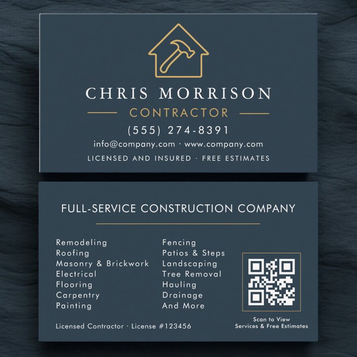Building Construction Blue Gold QR Code Business Card