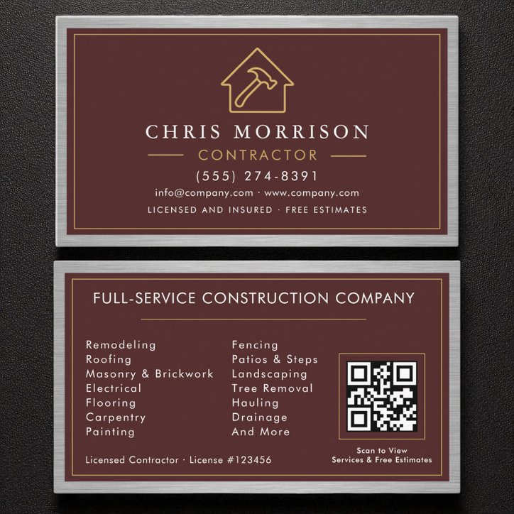 Building Construction Burgundy Faux Metal QR Code Business Card
