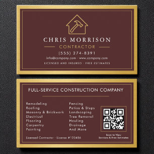 Building Construction Burgundy Gold Metal QR Code Business Card
