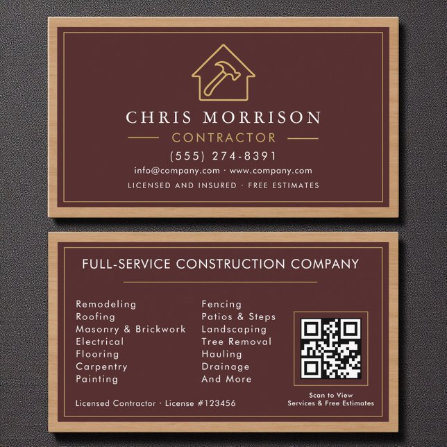 Building Construction Burgundy Gold Wood QR Code Business Card (Creator Uploaded)