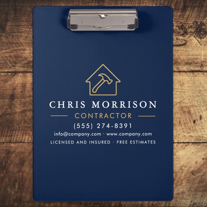 Building Construction Contractor Navy Blue Gold Clipboard