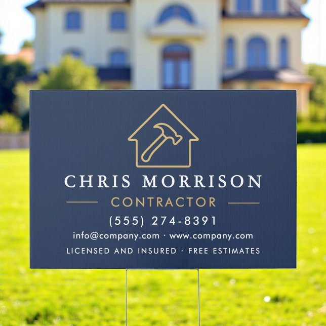 Building Construction Contractor Navy Blue Gold Sign (Creator Uploaded)