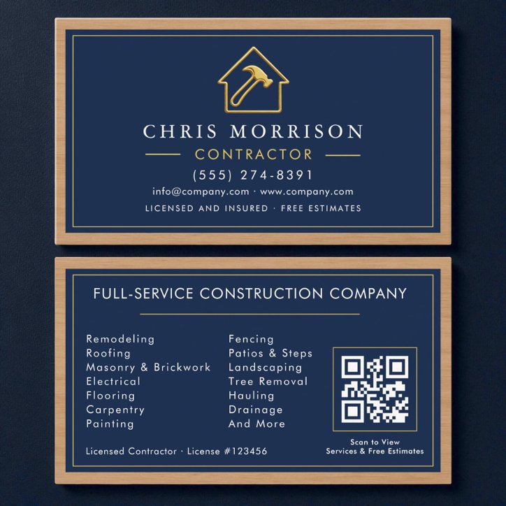 Building Construction Gold Metallic Wood QR Code Business Card
