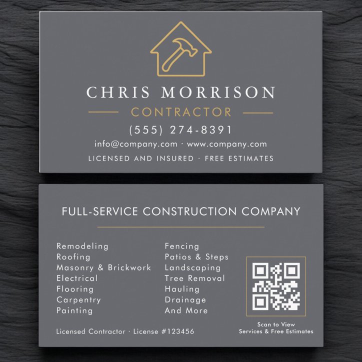 Building Construction Gray Gold QR Code Business Card