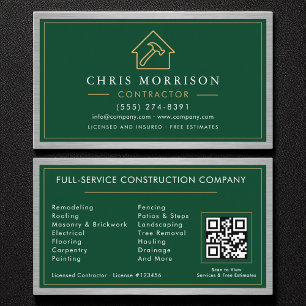 Building Construction Green Faux Metal QR Code Business Card