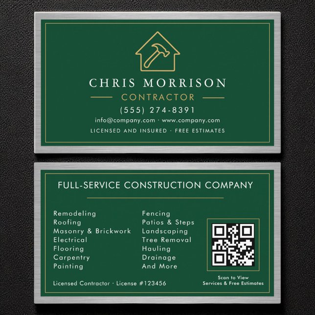 Building Construction Green Faux Metal QR Code Business Card (Creator Uploaded)