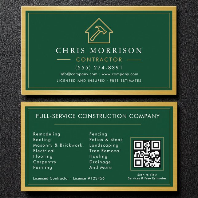 Building Construction Green Gold Metal QR Code Business Card (Creator Uploaded)