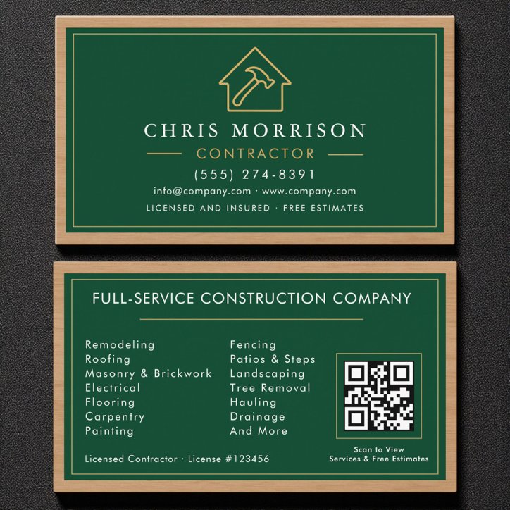 Building Construction Green Gold Wood QR Code Business Card