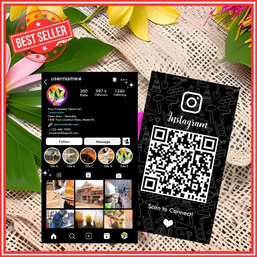 Building Construction Instagram Black QR Code Business Card