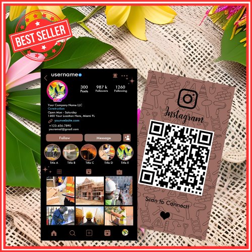 Building Construction Instagram Brown QR Code Business Card