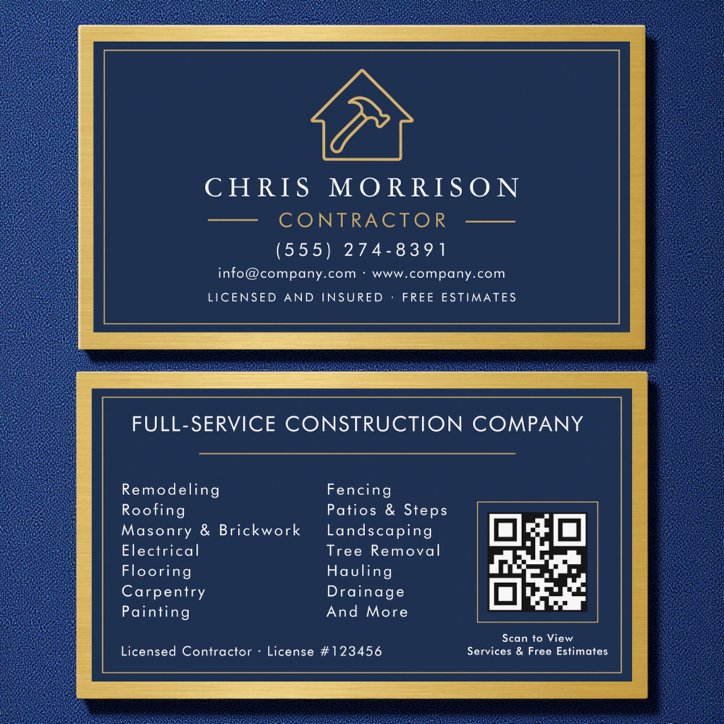 Building Construction Navy Blue Gold Metal QR Code Business Card