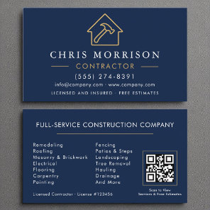 Building Construction Navy Blue Gold QR Code Business Card