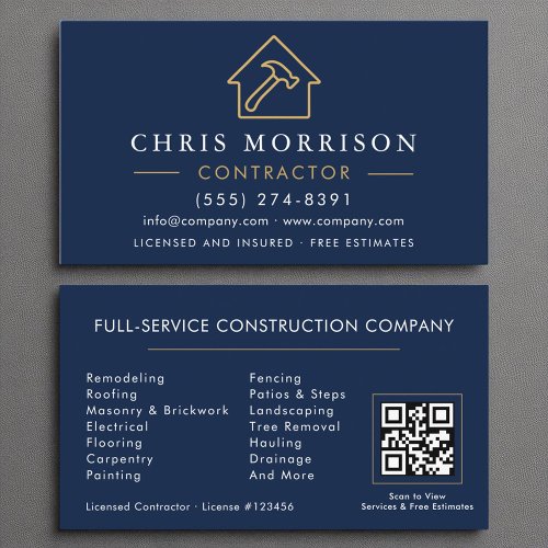 Building Construction Navy Blue Gold QR Code Business Card