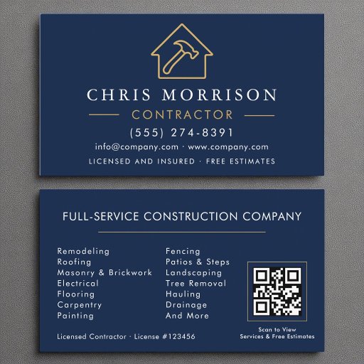 Customizable Building Construction Navy Blue Gold QR Code Business Card