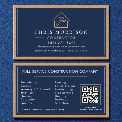Customizable Building Construction Navy Blue Gold Wood QR Code Business Card