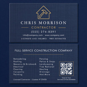 Building Construction Navy Blue Linen Business Card