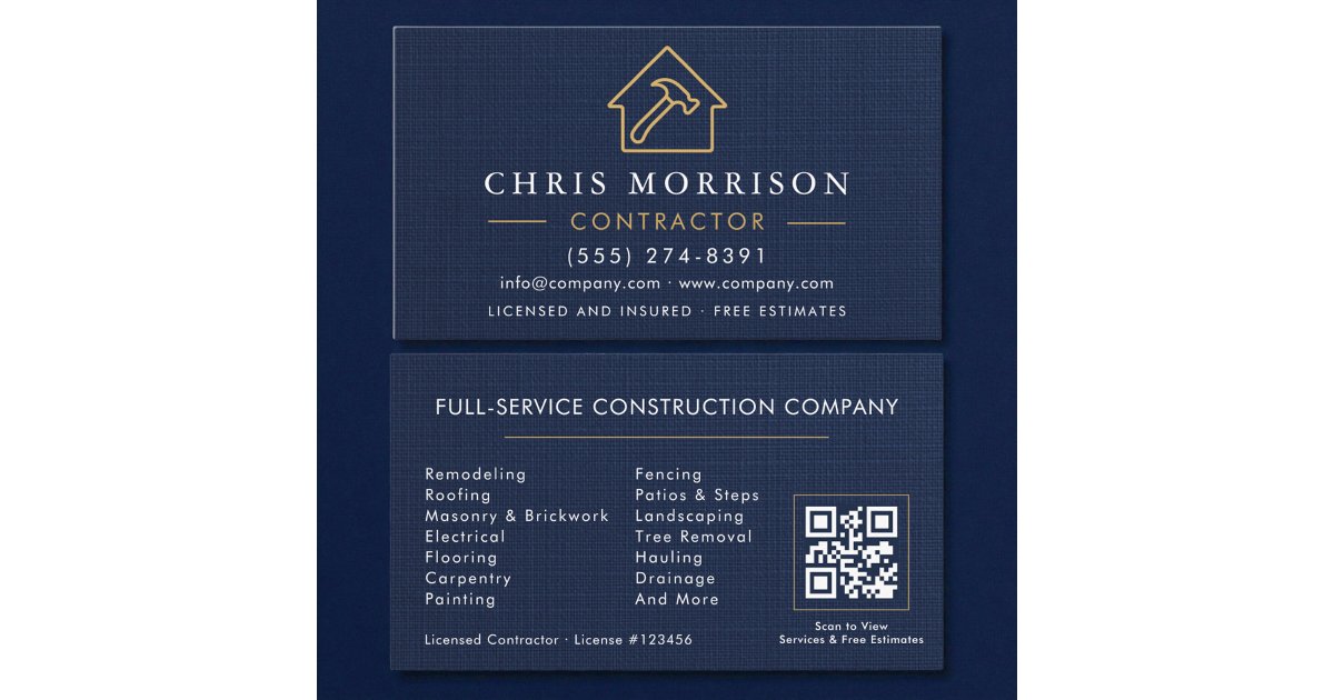 Building Construction Navy Blue Linen Business Card | Zazzle