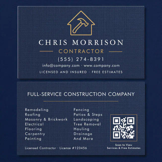 Building Construction Navy Blue Linen Business Card | Zazzle