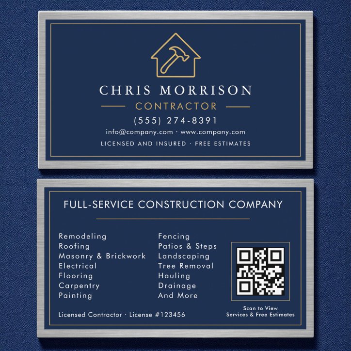 Building Construction Navy Blue Metal QR Code Business Card