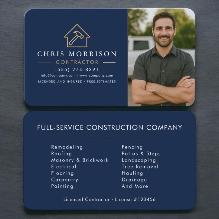 Building Construction Photo Navy Blue Gold Business Card