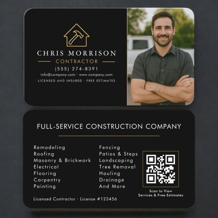 Building Construction Photo QR Code Black Gold Business Card