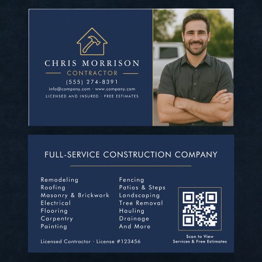 Customizable Building Construction QR Code Photo Navy Blue Gold Business Card