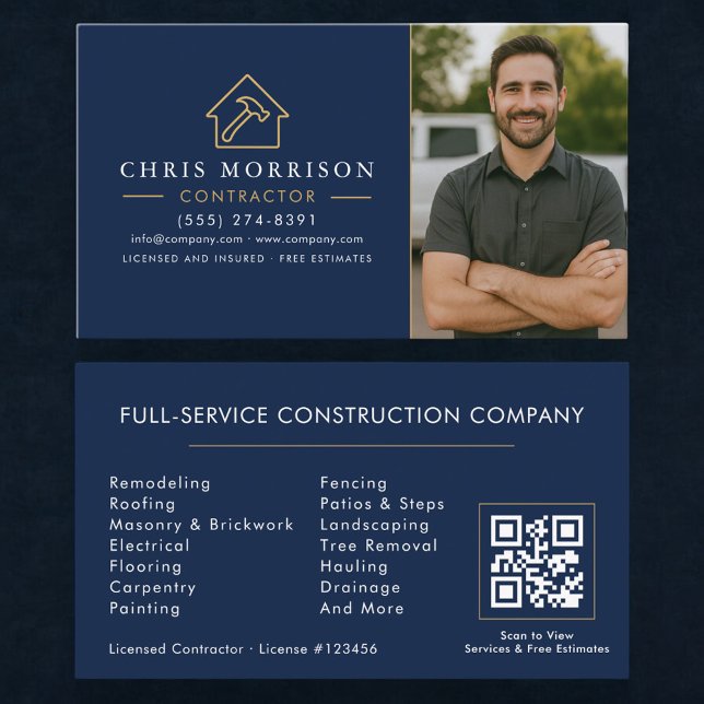 Building Construction QR Code Photo Navy Blue Gold Business Card (Creator Uploaded)