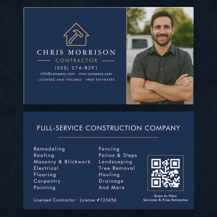 Building Construction QR Code Photo Navy Blue Gold Business Card