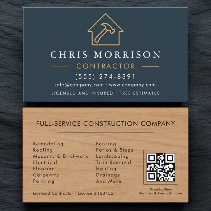 Building Construction QR Code Wood Grain Business Card