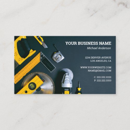 Building Construction Service Business Card - Construction service business cards featuring a rustic gray background, laborers work tools, and a professional template that is easy to personalize.