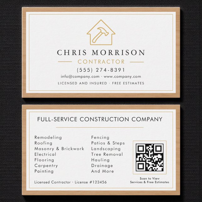 Building Construction White Gold Wood QR Code Business Card (Creator Uploaded)