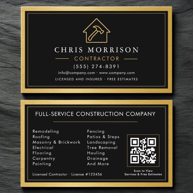 Building Contractor Black Gold Metal QR Code Business Card (Creator Uploaded)