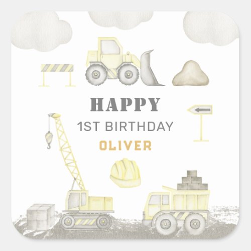 Building Fun Construction Kids 1st Birthday Party Square Sticker