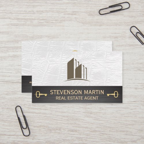 Building Logo  White Leather  Skeleton Key Business Card