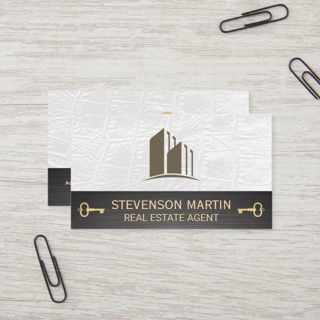 Building Logo | White Leather | Skeleton Key Business Card (Front/Back In Situ)