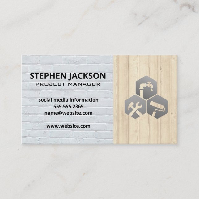 Building Services White Brick Wall | Wood Panel Business Card (Front)