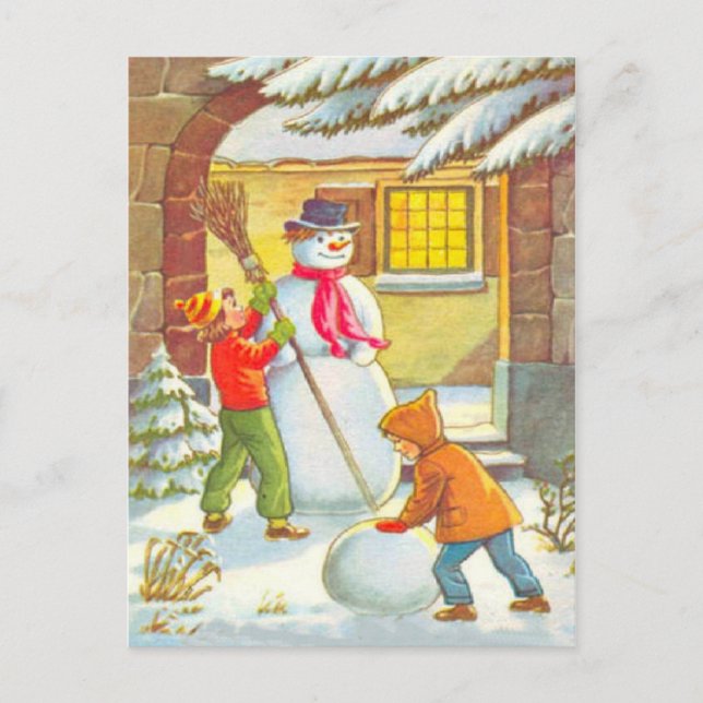 Building snowmen holiday postcard (Front)