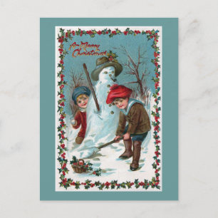 Building the Snowman Vintage Holiday Postcard