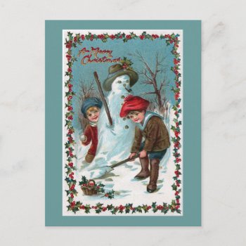 Building The Snowman Vintage Holiday Postcard by ChristmasVintage at Zazzle