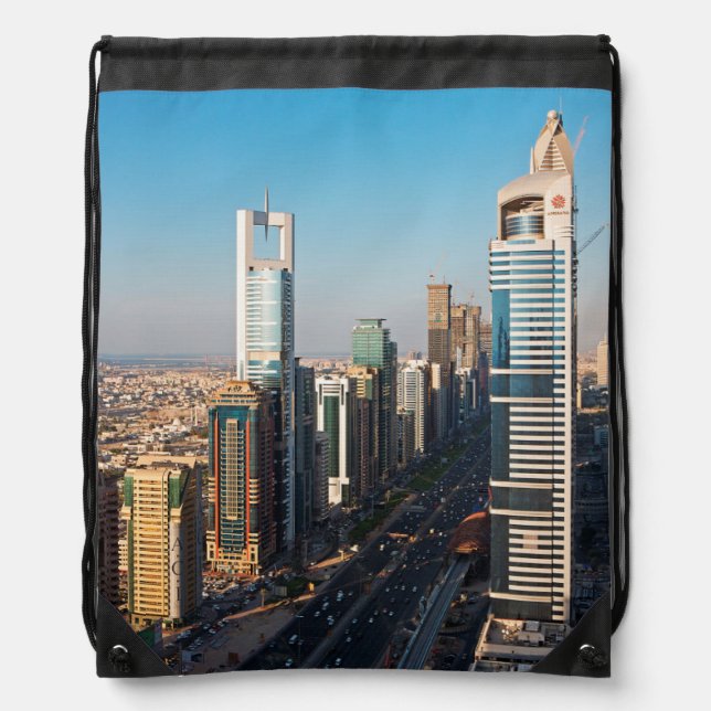 Buildings Along Sheikh Zayed Road, Dubai Drawstring Bag (Front)