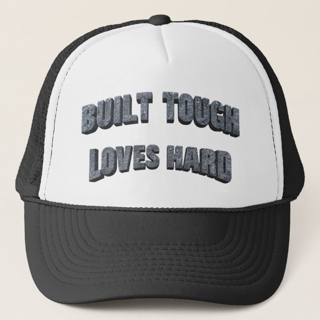 Built Tough Loves Hard Graphic - Blue-Collar Dad Trucker Hat (Front)
