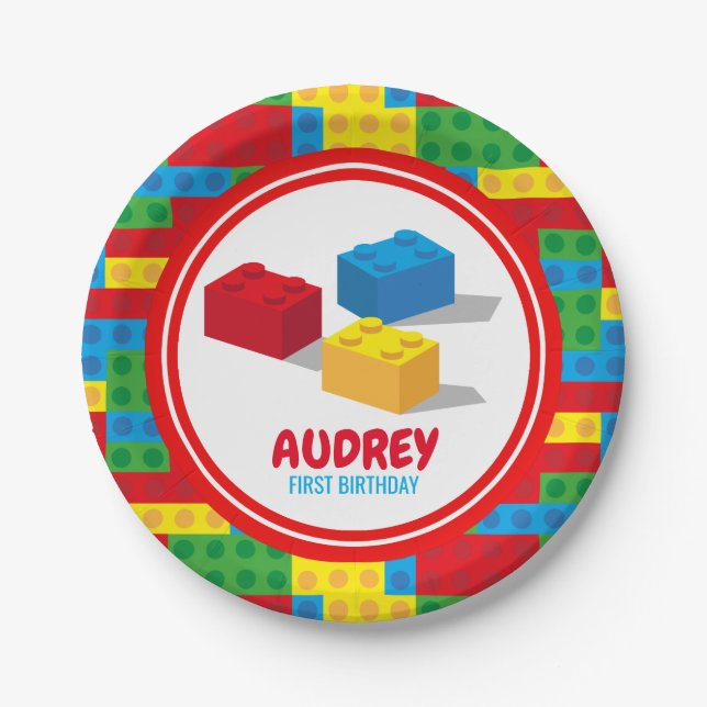 Bulding Block Build and Play Colourful Birthday Paper Plates (Front)