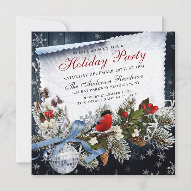 Bulfinch & Holly Berry Christmas Holiday Party Invitation (Front)