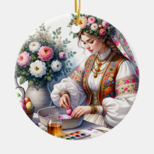 Bulgarian Easter Watercolor Woman Flowers Eggs Ceramic Ornament