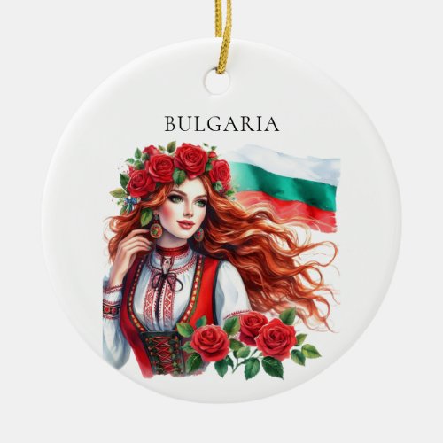 Bulgarian Flag Tradition Folklore Woman Red Roses  Ceramic Ornament