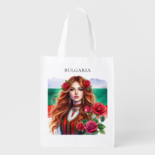 Bulgarian Flag Tradition Folklore Woman Red Roses  Grocery Bag