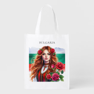 Bulgarian Flag Tradition Folklore Woman Red Roses Grocery Bag