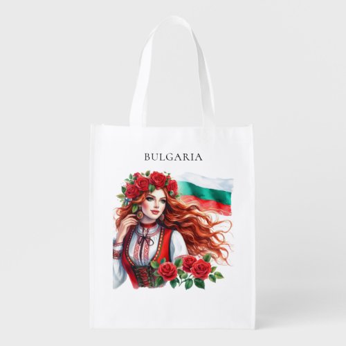 Bulgarian Flag Tradition Folklore Woman Red Roses  Grocery Bag